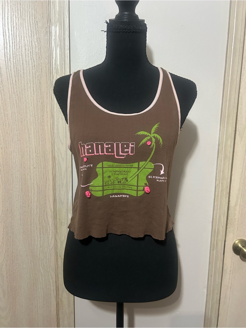 Old Navy Brown Crop Tank with Pink & Green Graphic